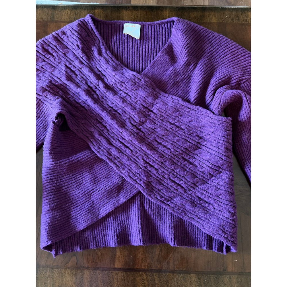 Kerisma Purple Crossover Surplice Cable Knit Ribbed V-Neck Sweater Womens crop